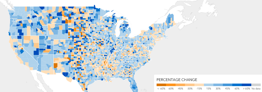 Map using sequential color to show a percentage change across different areas of the United States.